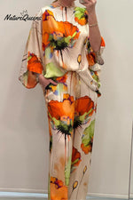 Casual Crew Neck Printed Satin Suit