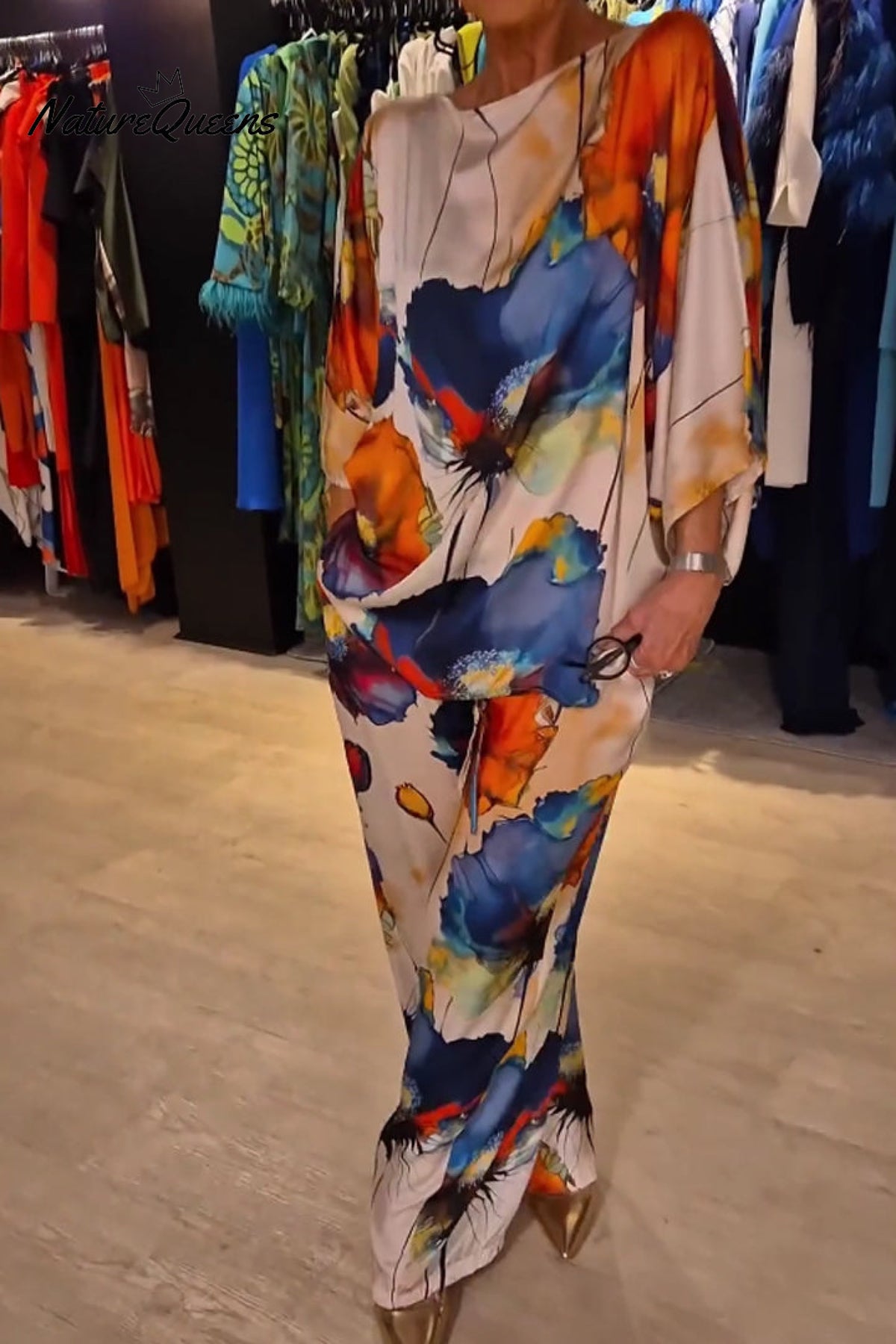 Casual Crew Neck Printed Satin Suit