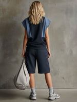 Casual Retro Denim Patchwork Navy Blue Short-sleeved Sweatshirt And Shorts Set