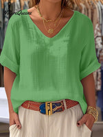 Crew Neck Short Sleeve Plain Regular Loose Tunic Blouse For Women