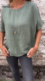 Solid Color Round Neck Half-sleeved Cotton Linen Blouse