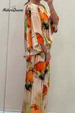 Casual Crew Neck Printed Satin Suit