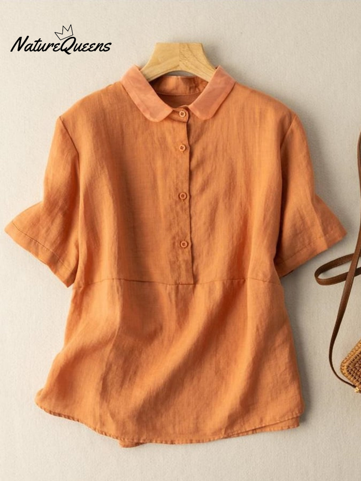 Cotton Solid Color Artistic Retro Loose Short Sleeve Shirt Orange / M