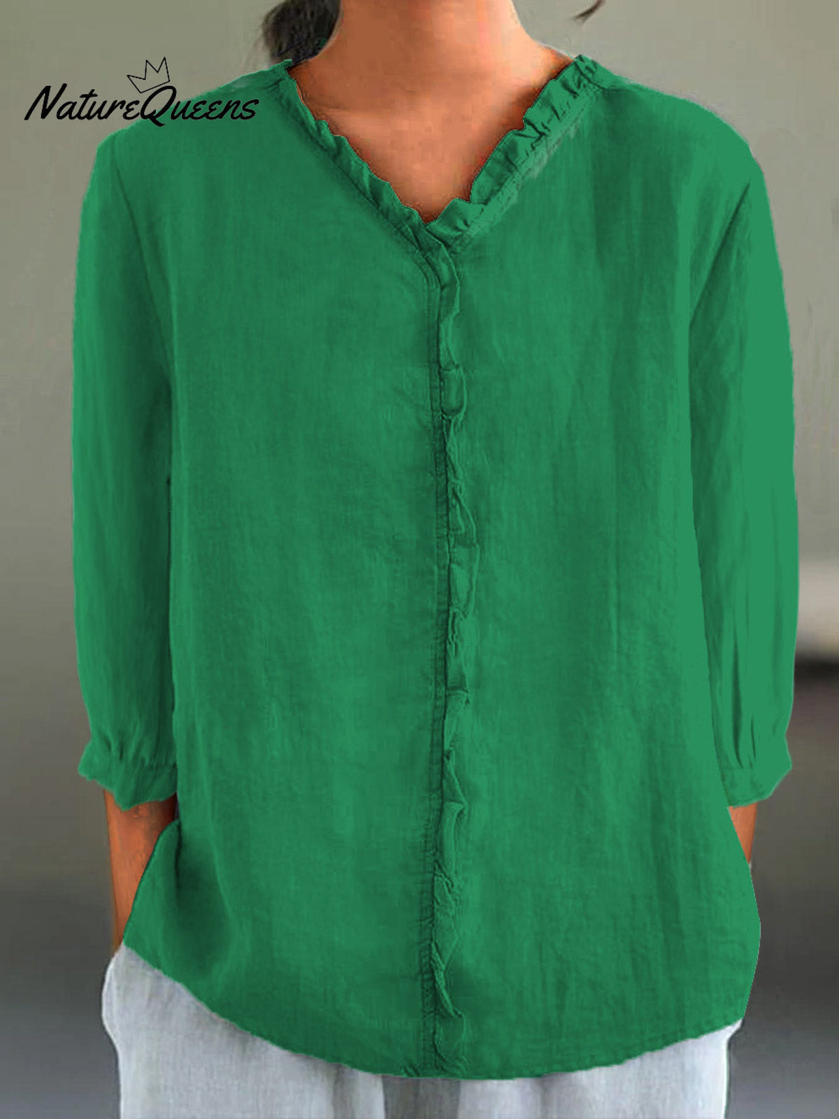 Women's Casual Cotton And Linen Ruffle Collar 3/4 Sleeve Shirt