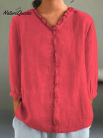 Women's Casual Cotton And Linen Ruffle Collar 3/4 Sleeve Shirt