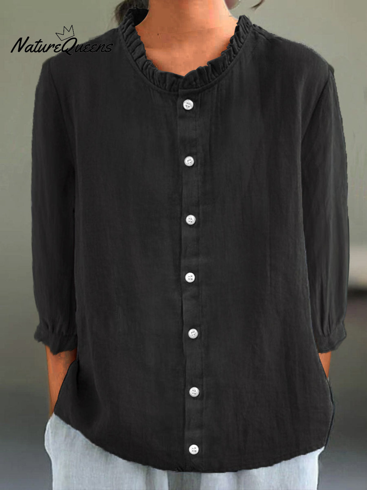 Women's Casual Cotton And Linen Ruffle Collar 3/4 Sleeve Shirt