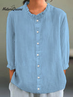 Women's Casual Cotton And Linen Ruffle Collar 3/4 Sleeve Shirt