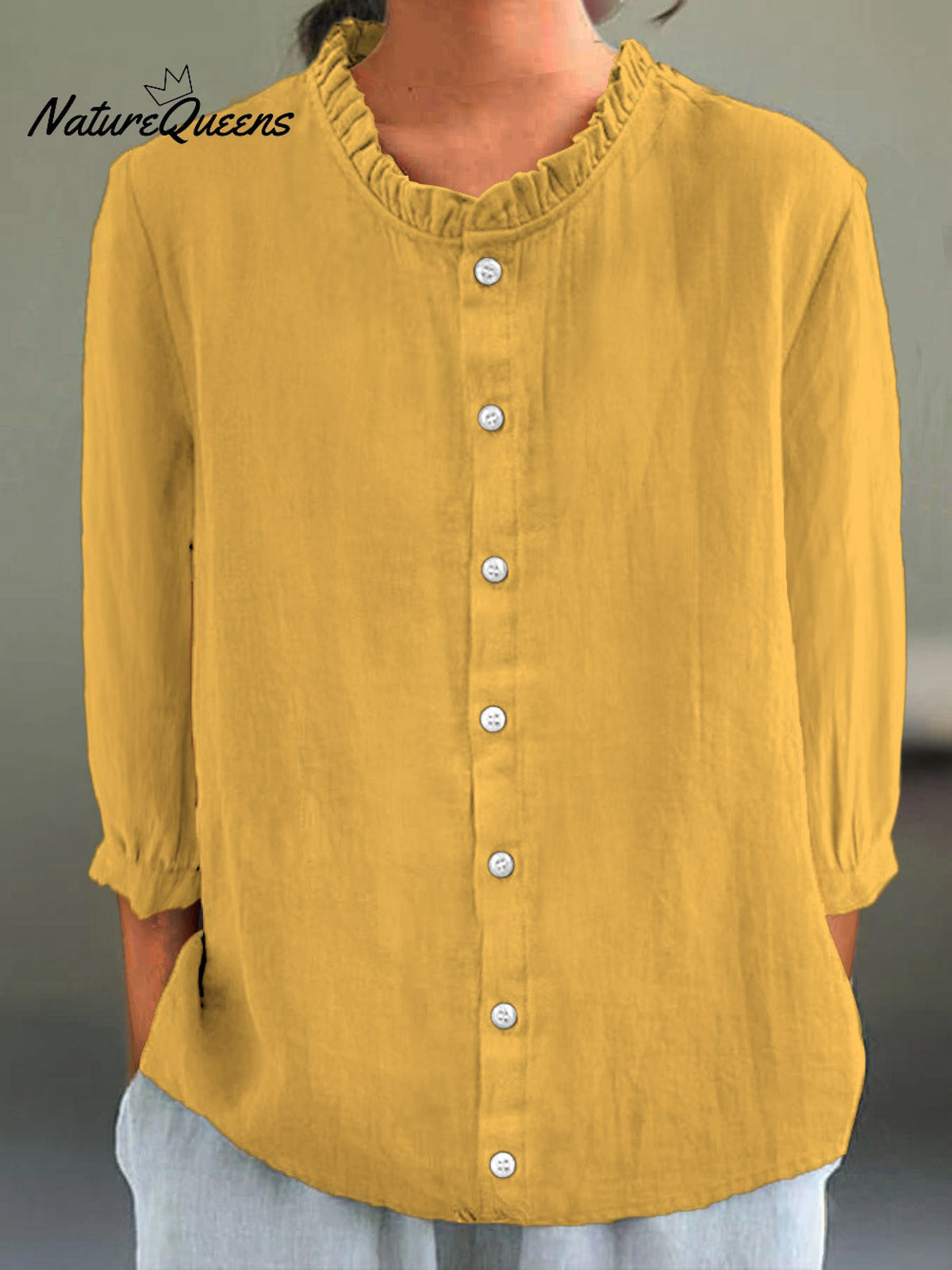 Women's Casual Cotton And Linen Ruffle Collar 3/4 Sleeve Shirt