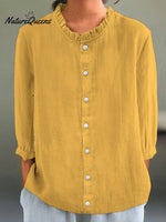 Women's Casual Cotton And Linen Ruffle Collar 3/4 Sleeve Shirt