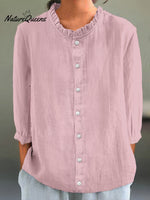 Women's Casual Cotton And Linen Ruffle Collar 3/4 Sleeve Shirt