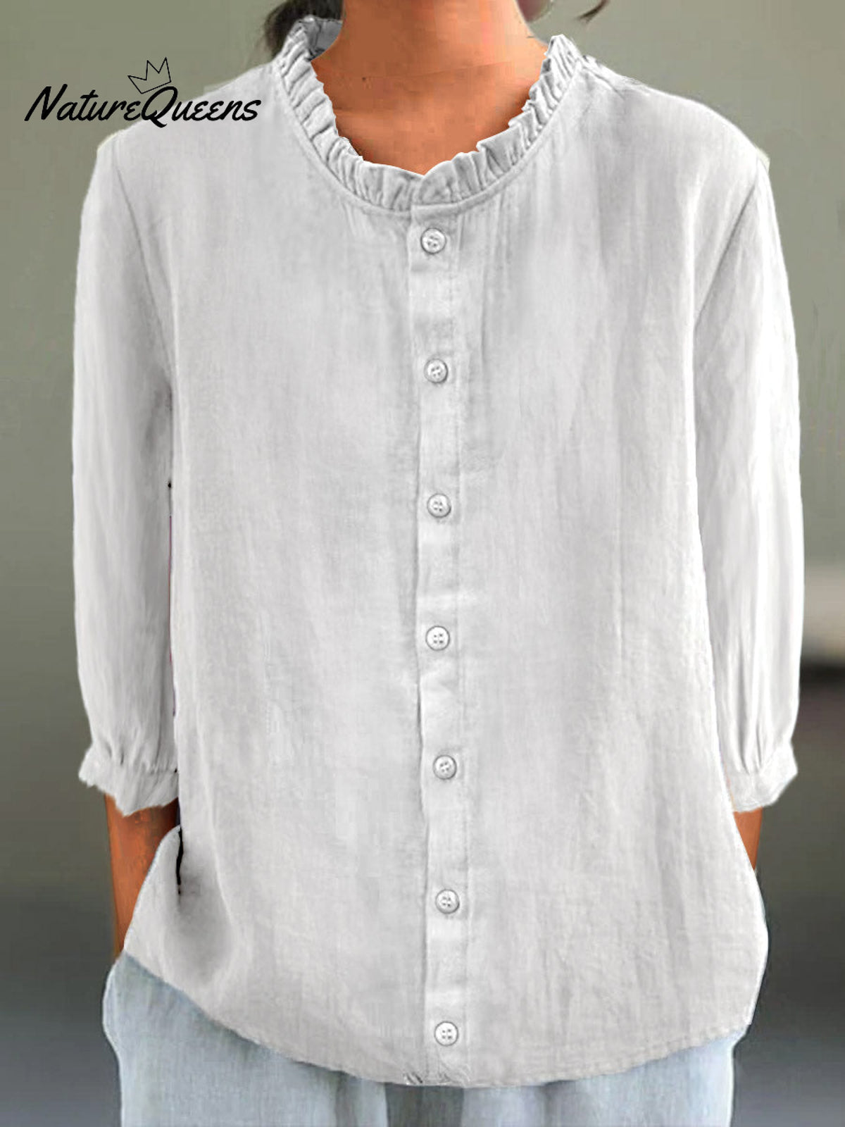 Women's Casual Cotton And Linen Ruffle Collar 3/4 Sleeve Shirt
