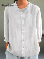 Women's Casual Cotton And Linen Ruffle Collar 3/4 Sleeve Shirt