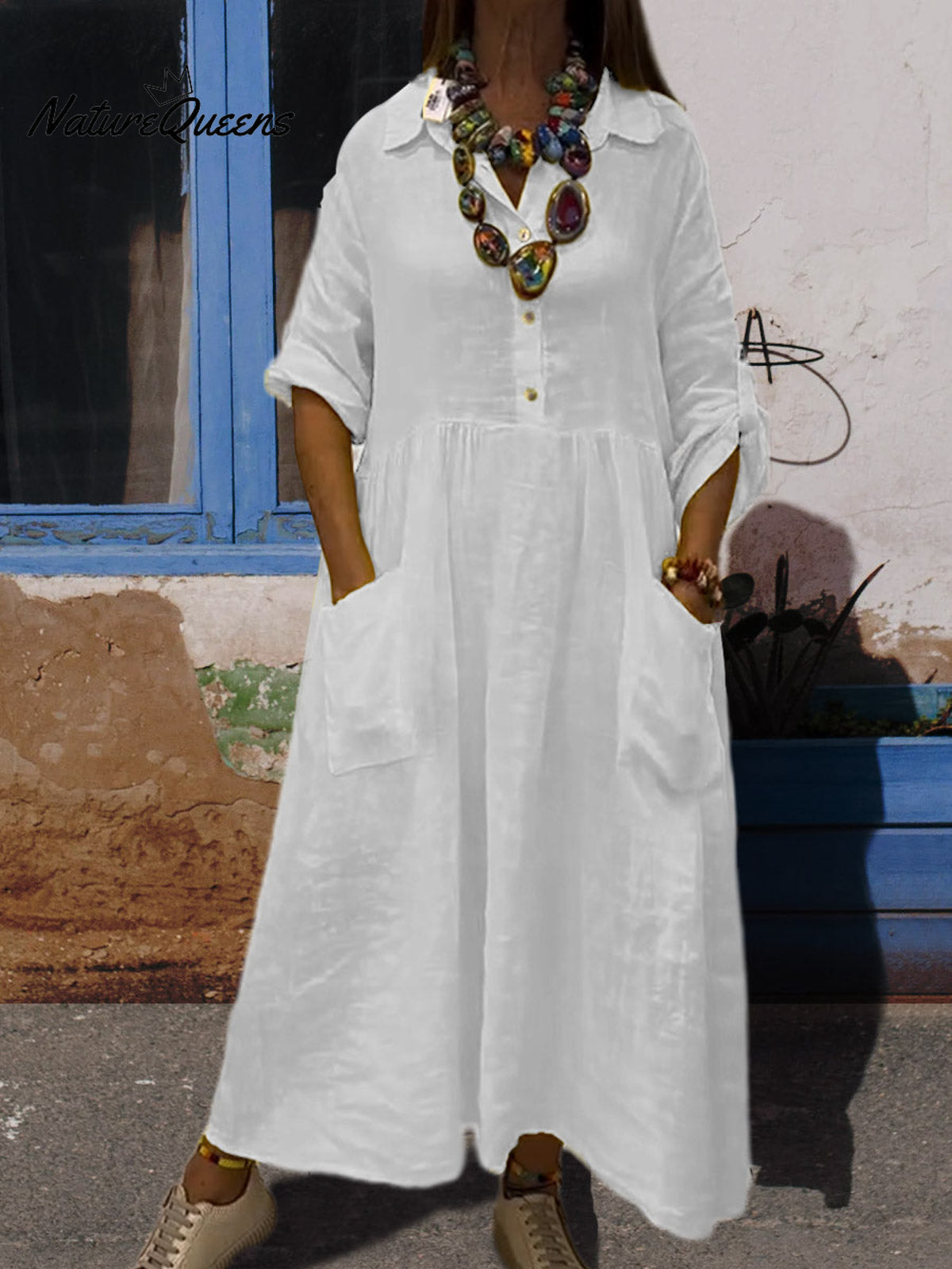 Women's Pocket Lapel Cotton Dress