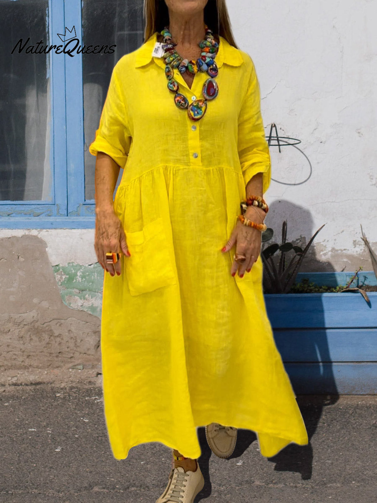 Women's Pocket Lapel Cotton Dress