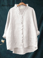 Women's Casual Cotton And Linen Ruffle Shirt