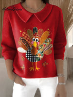 Women's Patchwork Turkey Glitter Retro Thanksgiving Print Casual Peter Pan Collar 3/4 Sleeve Sweater