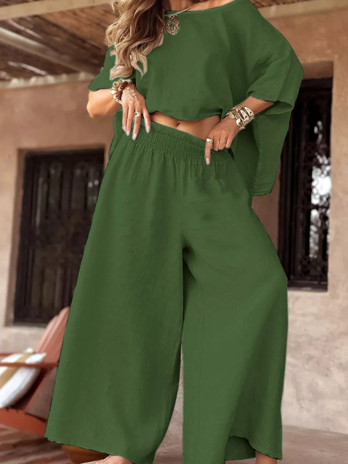Full Size Boat Neck Top and Wide Leg Pants Set Plus Size