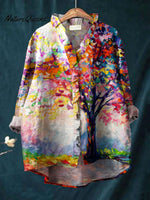Women's Vintage Flower Tree Art Print Casual Cotton And Linen Ruffle Shirt