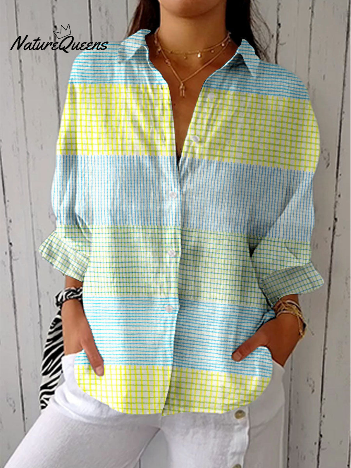 Women's Vintage Abstract Geometry Art Print Casual Linen V-neck Shirt