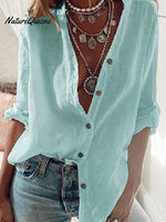 Ladies Cotton Linen Solid Color Pull-Sleeve Loose V-Neck Long-Sleeve Shirt