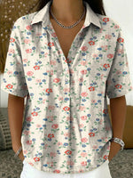 Women's Vintage Floral Art Print Cotton-linen Short-sleeve Shirt