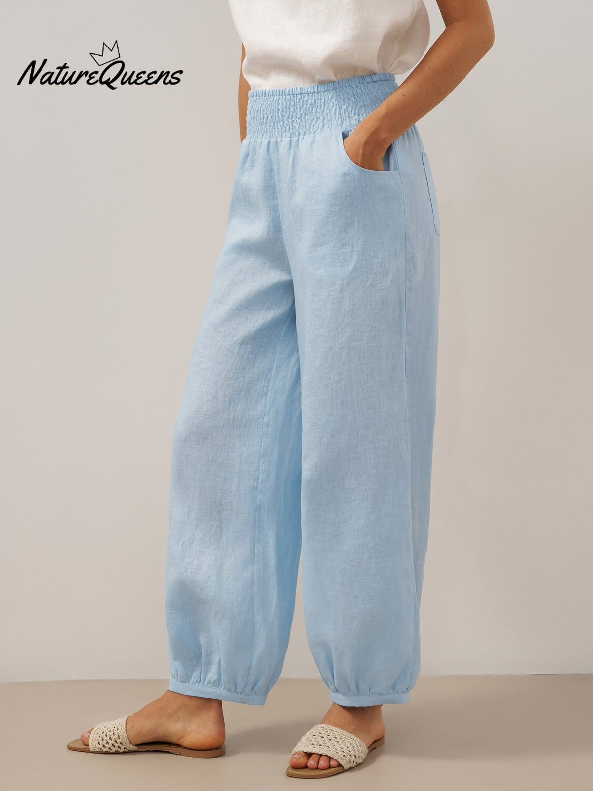 100% Linen Broad Elastic Waistband Pants TALIA