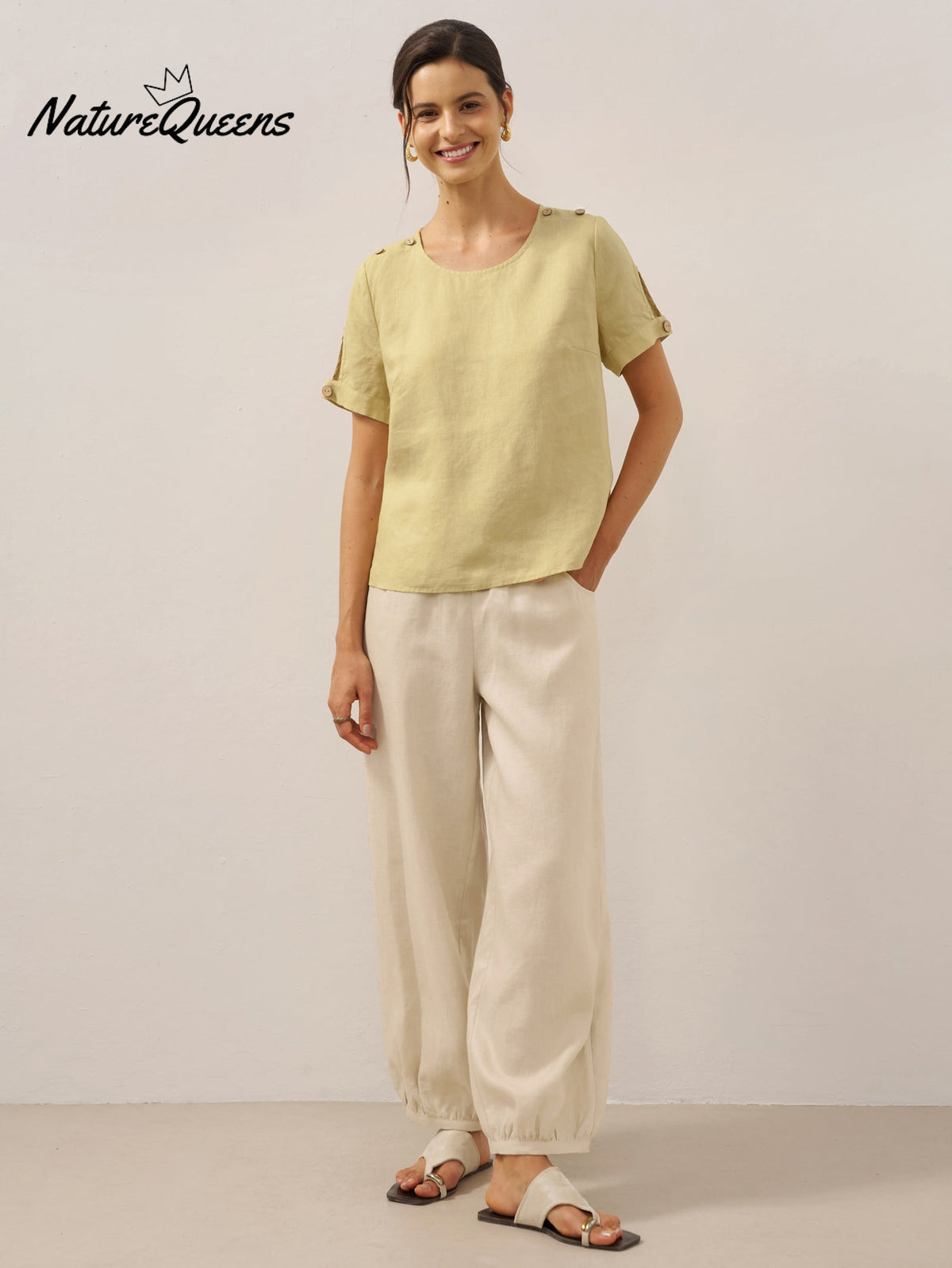 100% Linen Broad Elastic Waistband Pants TALIA