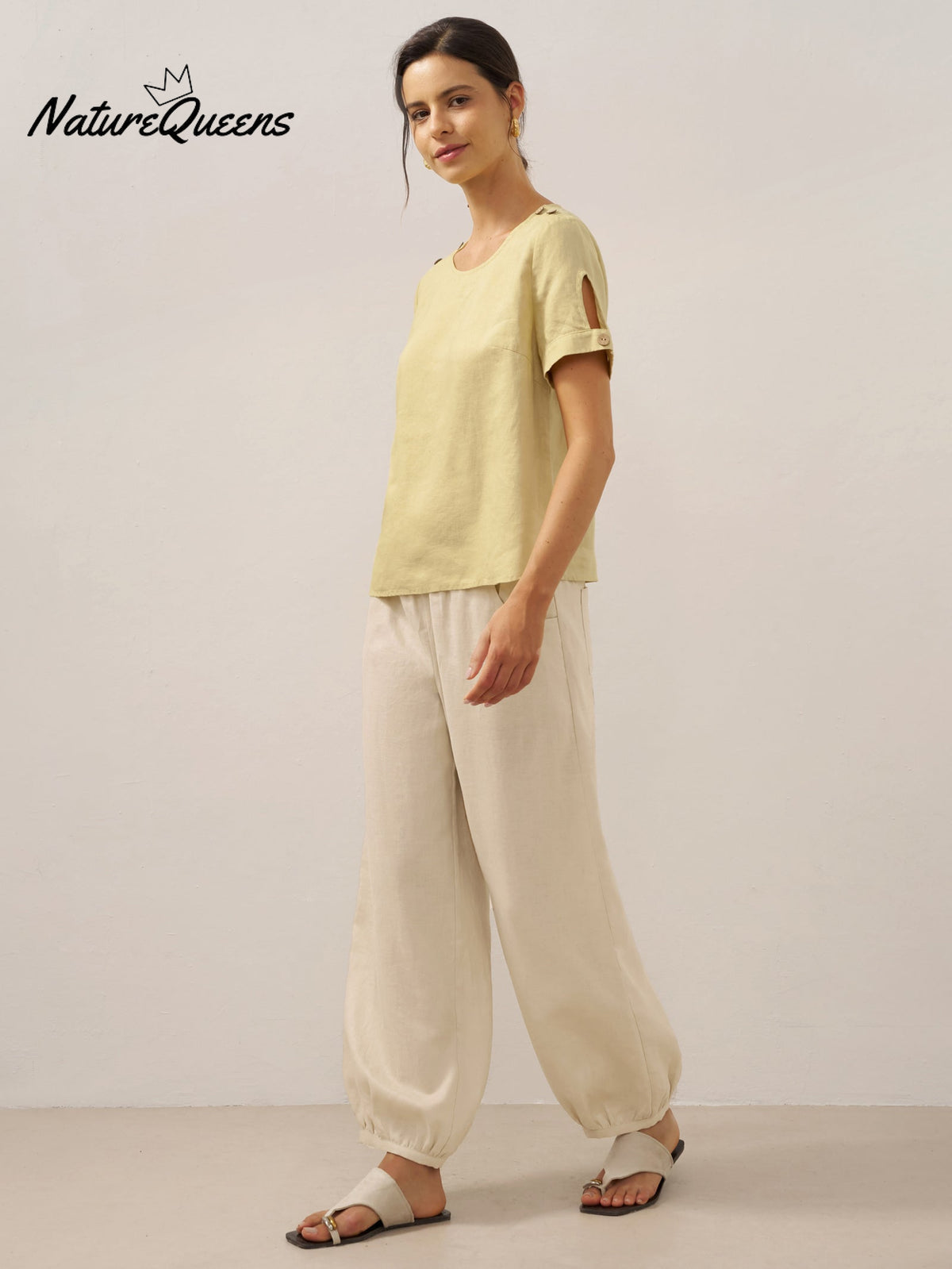 100% Linen Broad Elastic Waistband Pants TALIA