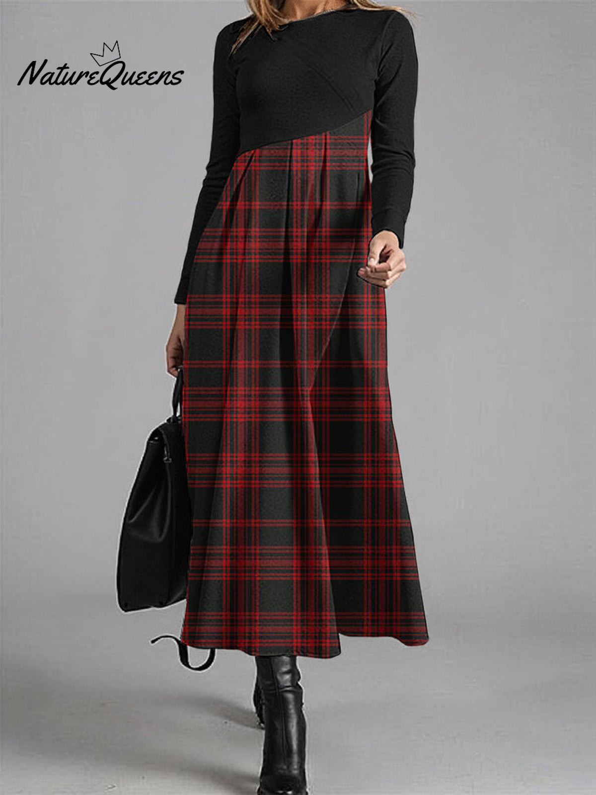 Women's Elegant Christmas Check Contrast Wool Dress