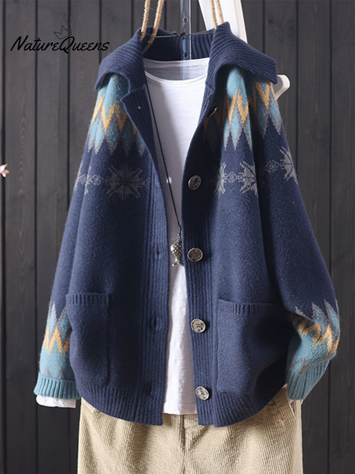 Vintage Lapel Jacquard Large Pocket Sweater