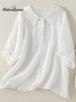 Cotton And Linen Solid Color Five-Quarter Sleeve Lapel Loose Shirt