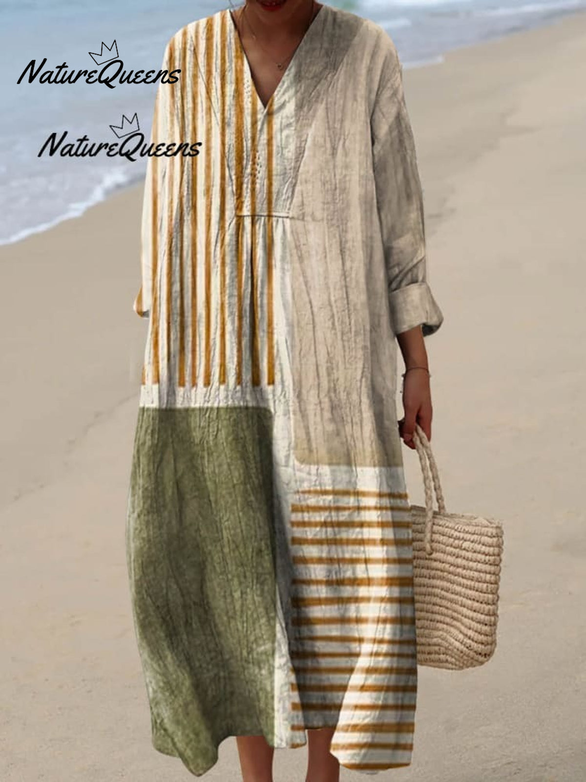 Women's Vintage Geometric Line Pattern Art Print Casual Cotton And Linen 3/4 Sleeve Shirt