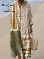 Women's Vintage Geometric Line Pattern Art Print Casual Cotton And Linen 3/4 Sleeve Shirt