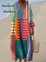 Women's Geometric Line Pattern Art Print Casual Cotton And Linen 3/4 Sleeve Shirt