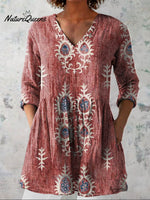 Women's Vintage Ethnic Pattern Art Print Casual Linen V-neck Shirt