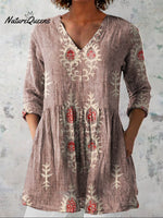 Women's Vintage Ethnic Pattern Art Print Casual Linen V-neck Shirt