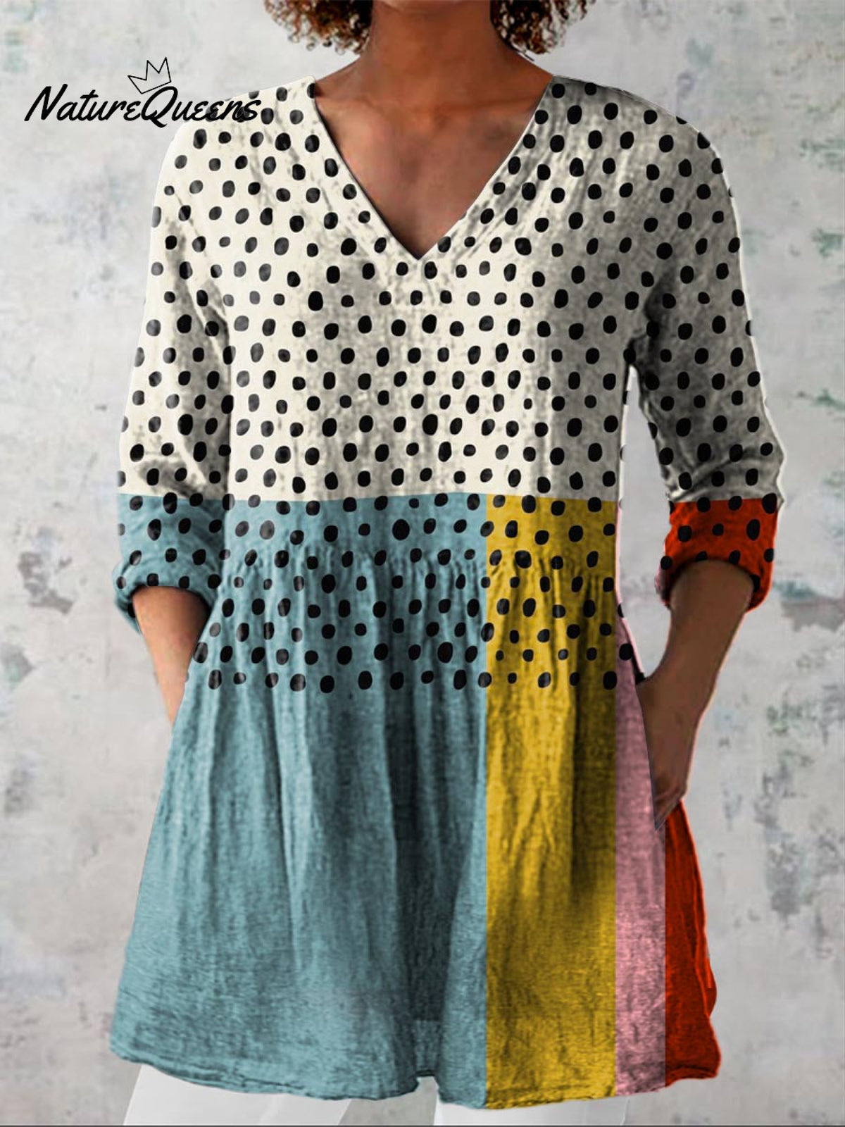 Women's Abstract Geometric Dot Pattern Art Print Casual Linen V-neck Shirt
