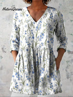 Women's Lovely Floral Art Print Casual Linen V-neck Shirt
