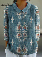 Women's Vintage Ethnic Pattern Art Print Casual Cotton And Linen 3/4 Sleeve Shirt