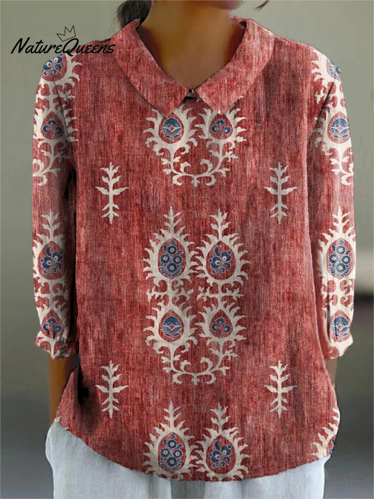 Women's Vintage Ethnic Pattern Art Print Casual Cotton And Linen 3/4 Sleeve Shirt