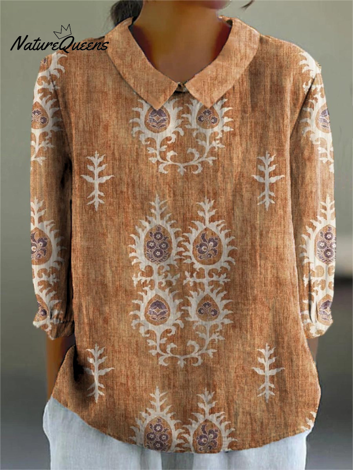 Women's Vintage Ethnic Pattern Art Print Casual Cotton And Linen 3/4 Sleeve Shirt