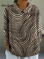 Women's Abstract Line Pattern Art Print Casual Cotton And Linen 3/4 Sleeve Shirt