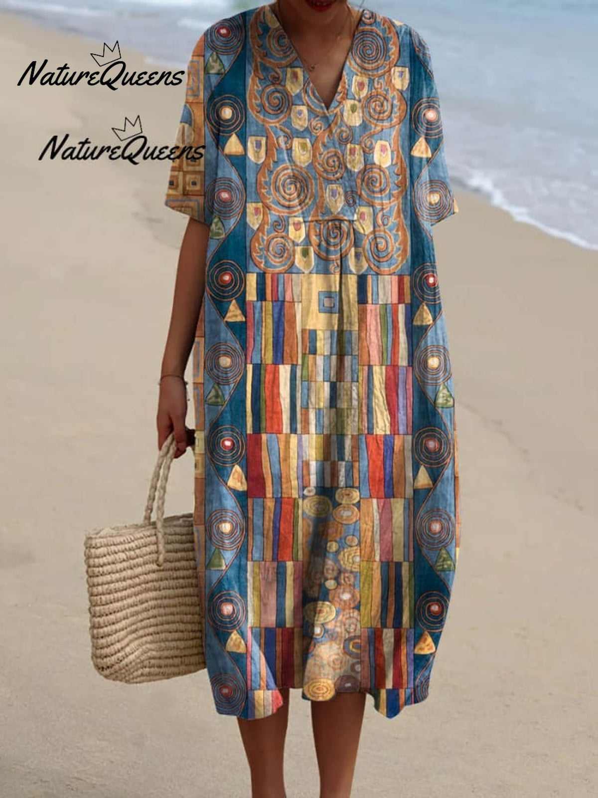 Women's Abstract Geometric Pattern Art Print Casual Cotton And Linen 3/4 Sleeve Shirt