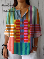 Women's Geometric Line Pattern Art Print Casual Cotton And Linen 3/4 Sleeve Shirt