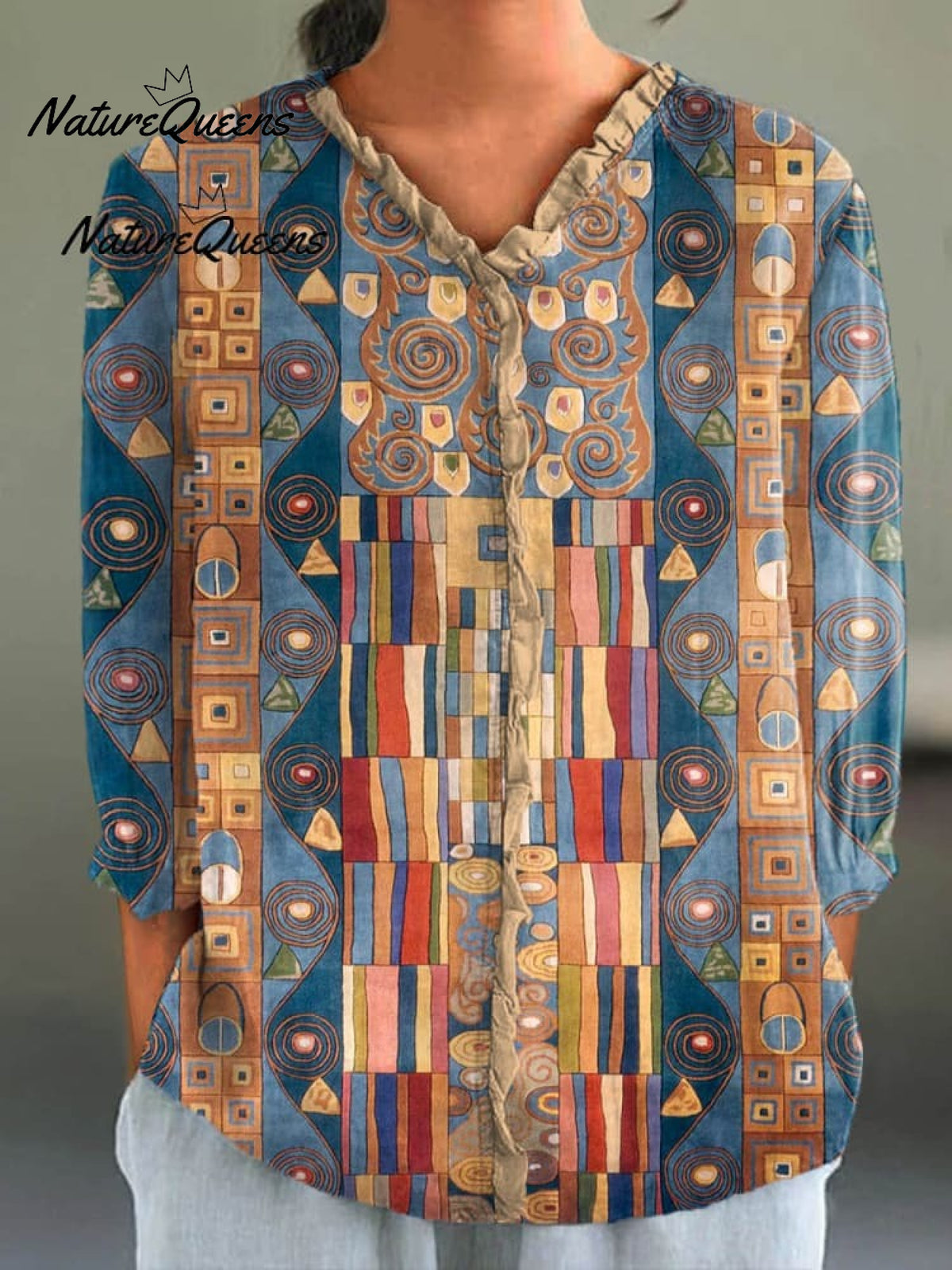 Women's Abstract Geometric Pattern Art Print Casual Cotton And Linen 3/4 Sleeve Shirt