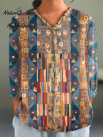 Women's Abstract Geometric Pattern Art Print Casual Cotton And Linen 3/4 Sleeve Shirt