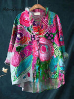 Women's Lovely Floral Art Print Casual Cotton And Linen Ruffle Shirt