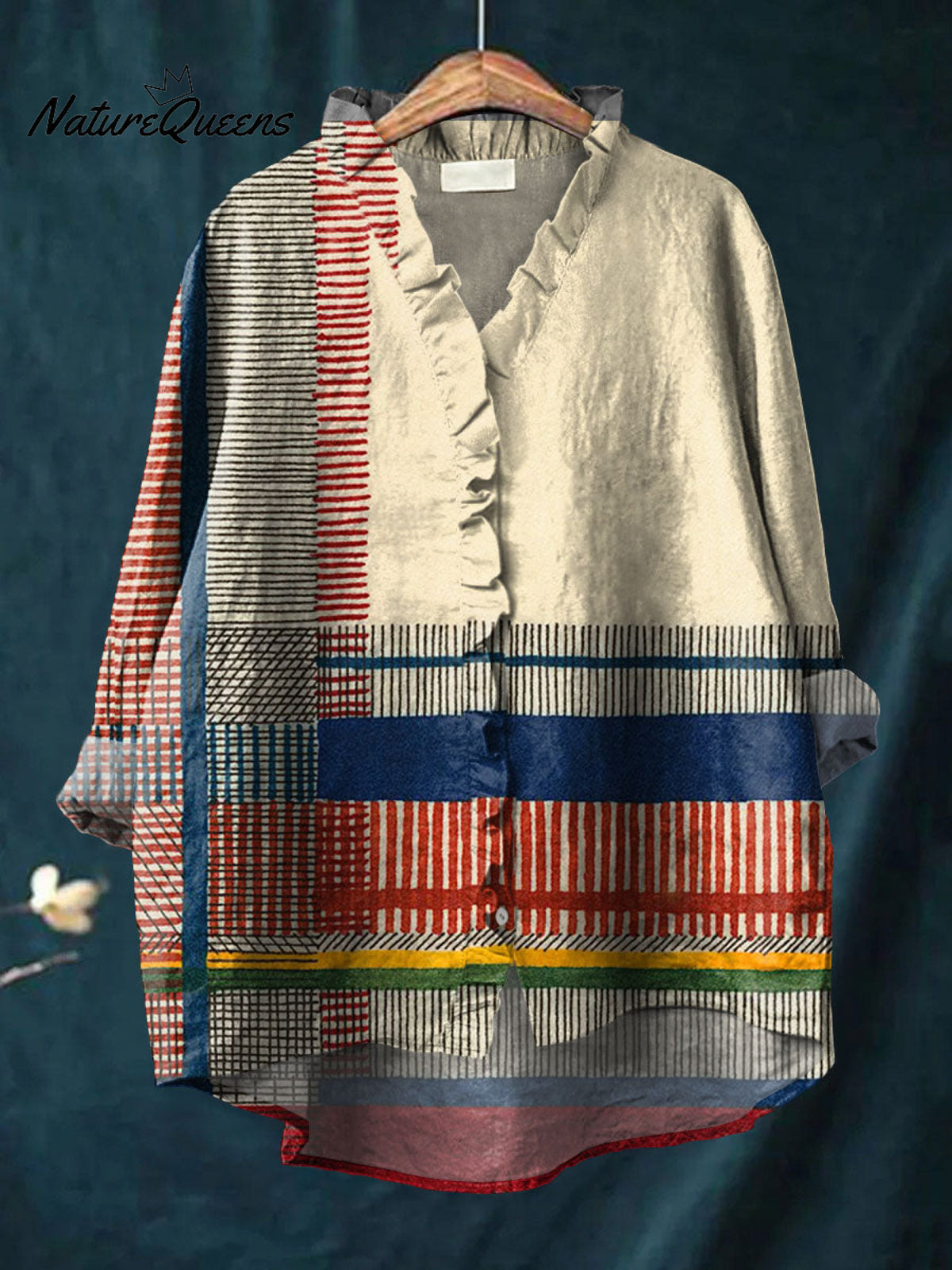 Women's Abstract Geometric Pattern Art Print Casual Cotton And Linen Ruffle Shirt