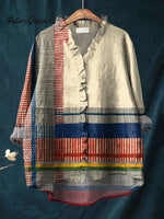 Women's Abstract Geometric Pattern Art Print Casual Cotton And Linen Ruffle Shirt