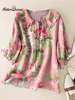 Women's Lovely Floral Art Print Casual Peter Pan Collar Cotton Shirt